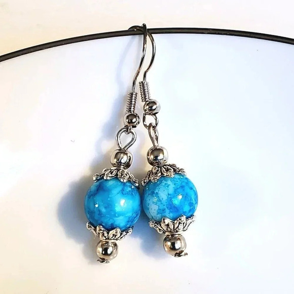 Art Nouveau Mottled Turquoise Blue Glass Beads Antiqued Silver Earrings - Picture 1 of 7